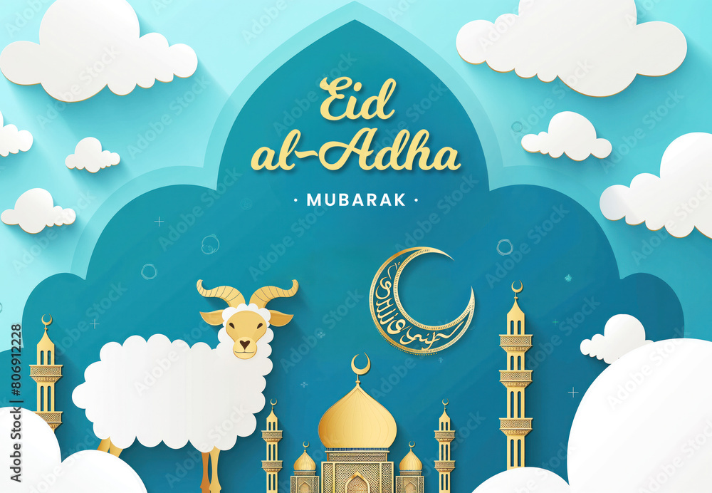 Wall mural Eid Al-Adha Mubarak blue and gold greeting card design. Islamic background with goat, mosque, moon and text. Eid Mubarak, arabic illustration for muslim festival celebration