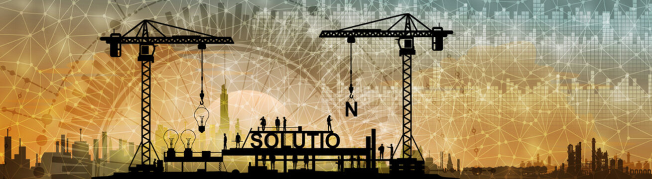 Silhouetten Zusammenarbeit - Ideen und L&ouml;sungen - Gestaltung und Entwicklung von L&ouml;sungen im Team - abstrakte symbolische Baustelle - Digitale Daten analysieren