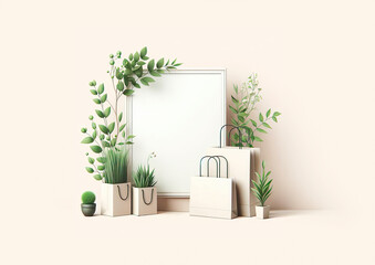 Ecological concept, photo of paper shopping bags, green twigs, minimalism
