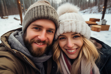 Generated with AI image of a beautiful cheerful couple walking enjoying winter picnic outdoors