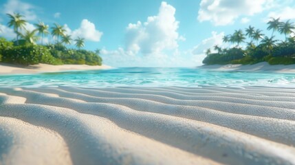   A photo of a sandy shore with palm trees beyond the water and a clear blue sky with clouds above