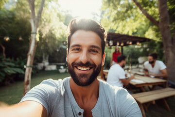 AI generated image of a happy cheerful nice man make video selfie on a summer picnic