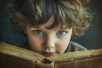 Close up of attractive child reading a book while looking at camera. Elementary student holding fairy tale novel book or bedtime stories with blurring background. Creative activity concept. AIG42. © InfiniteFlow