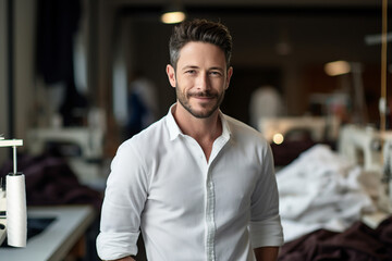 Generative AI young business owner standing on clothing store fabric clothing production boutique