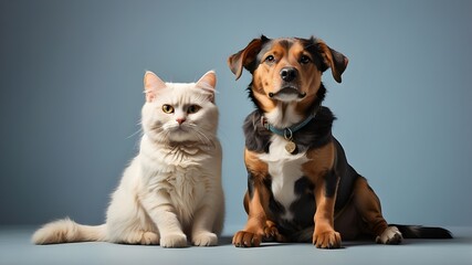 Illustration of a contented dog and cat posing for a photo together against a clear backdrop, demonstrating the extraordinary camaraderie of animals