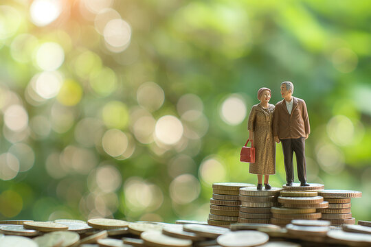 couple senior model set on pile coins saving with natural green background, Save money for prepare in future and pension retirement concept 