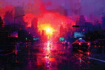 Fototapeta premium A once-grand cityscape succumbs to digital decay, with pixelated distortions and data errors birthing a new form of digital beauty.