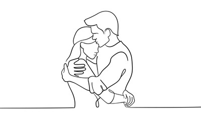 Man hugs girl continuous line art drawing isolated on white background. Sadness, support, sympathy. Vector illustration