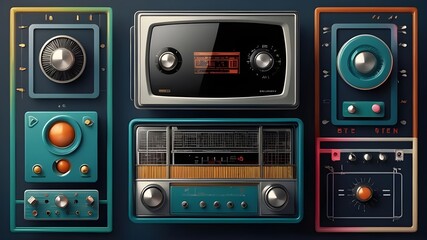 Fototapeta premium Vintage Audio Equipment Iconic Cassette Tapes Radios and Old-School Technology, Digital Music Icons Vector Illustration of Sound Equipment and Media Players, Stereo and Speaker Set Classic Music Techn