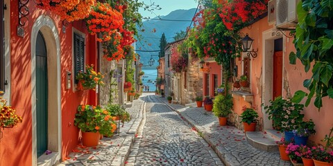Mediterranean street in a picturesque city with colorful architecture, flowers and vibrant landscapes.