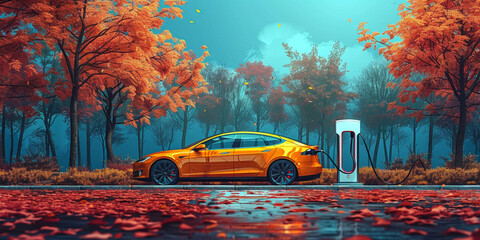 Obraz premium An electric car charging at a modern station, showcasing the future of clean transportation.