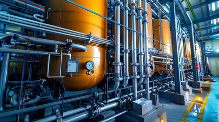 Modern industrial brewery equipment with large tanks, intricate pipelines, and measuring devices in a factory setup.