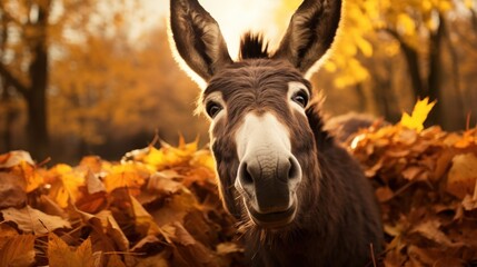 Portrait of happy donkey rejoices in autumn.