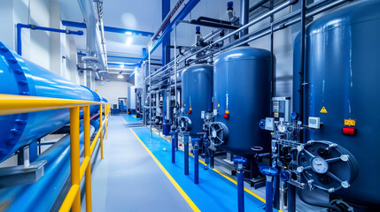 Modern industrial interior with large blue and black tanks connected by numerous pipes in a clean facility.