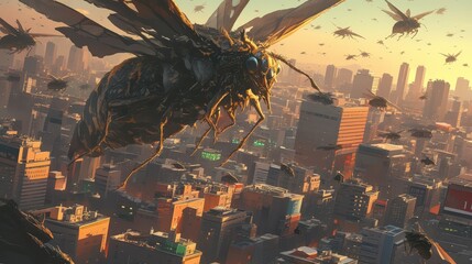 swarm of cicadas over the american city