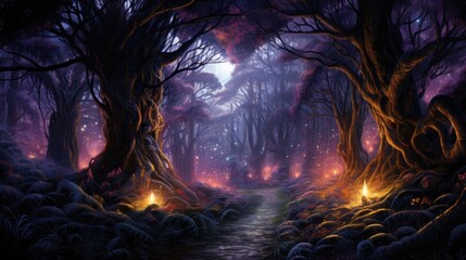 Night view of the fantasy dark forest.