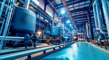 Modern industrial facility interior with large tanks and complex piping lit by overhead lights.