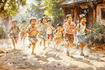 Group of Children Running Down Street. Generative AI