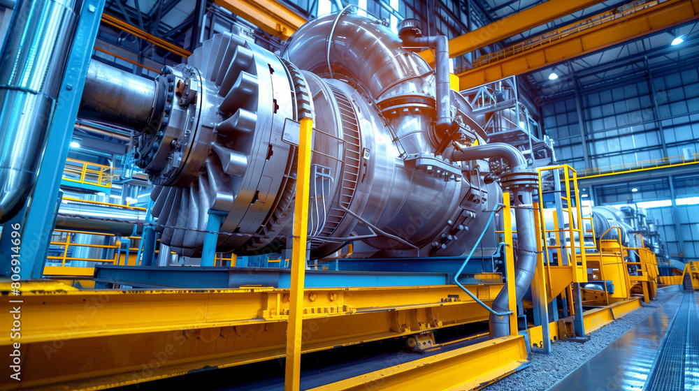 Wall mural large industrial machinery in a factory, featuring turbines and complex pipelines illuminated in blu