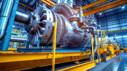 Large industrial machinery in a factory, featuring turbines and complex pipelines illuminated in blue.