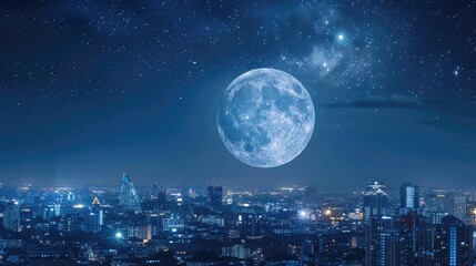 full moon above on city landscape at night, beautiful view background wallpaper	