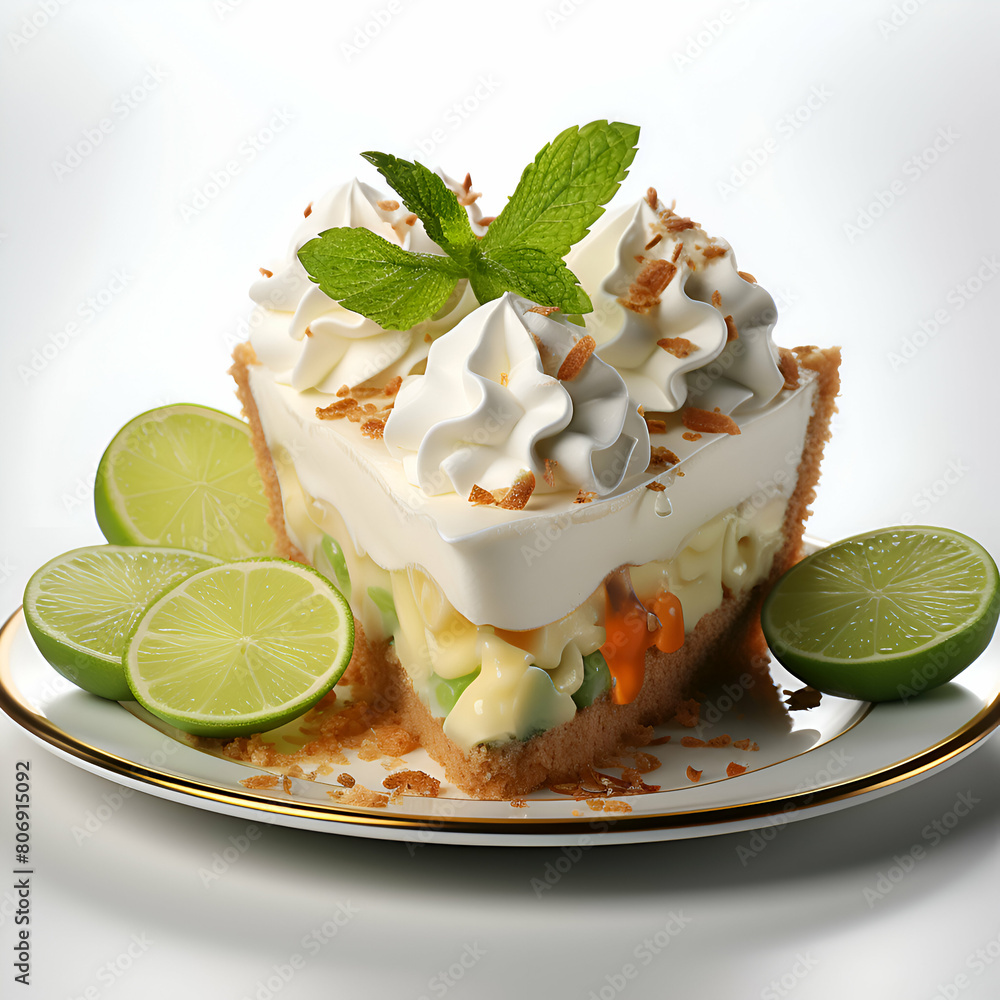 Canvas Prints slice of lime cake with whipped cream and mint on white background