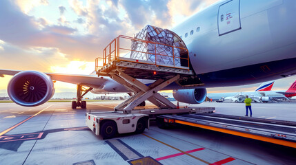Cargo being loaded onto a large airplane at sunset with airport personnel overseeing the process.