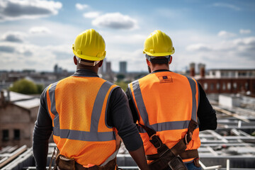 Generative AI picture Portrait of construction worker wearing a protective safety uniform clothes helmet at big building