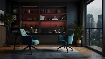Fototapeta premium Elegant Home Office, with chairs, bed, computer, Interiour design of room of freelancers, it professional (10)