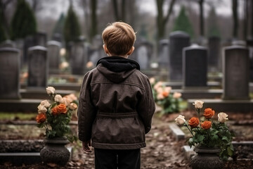 Generative ai illustration of big city cemetery people mourning for those who gone lost