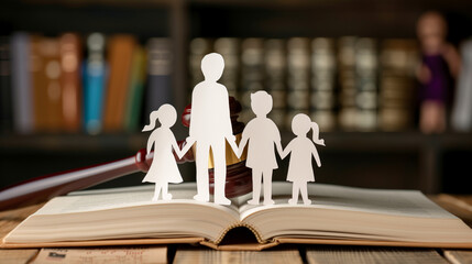 Family law concept with judge gavel on book and paper cut family on a blur background of library, Child custody or divorce concept