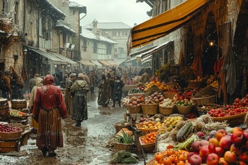 Group walking past fruit stand in muddy street at marketplace