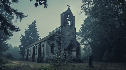 A forgotten church stands in the middle of a dark forest. The building is in disrepair, with broken windows and a&aring;&aring;&iexcl;&OElig;&ccedil;&scaron;&bdquo;&aring;&plusmn;&lsaquo;&eacute;&iexcl;&para;.