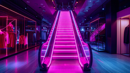 Neon magenta lights highlighting a straight, sleek staircase in a high-end fashion boutique,...