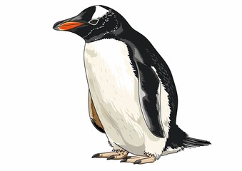 Obraz premium Realistic Hand-Drawn Illustration of a Standing Gentoo Penguin Isolated on White Background