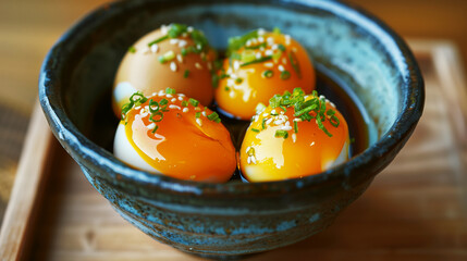 Fototapeta premium A bowl of soft-boiled eggs topped with green onions and sesame seeds, perfect for a healthy breakfast.