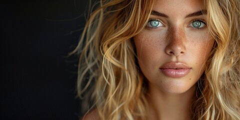 Fototapeta premium An alluring close-up portrait of a blonde woman. Her captivating gaze holds a hint of seriousness, illuminated in a cinematic style. Black backdrop offers room for text on the left.