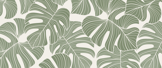 Tropical leaf line art  background vector. Green monstera leaves pattern design wallpaper. vector illustration.