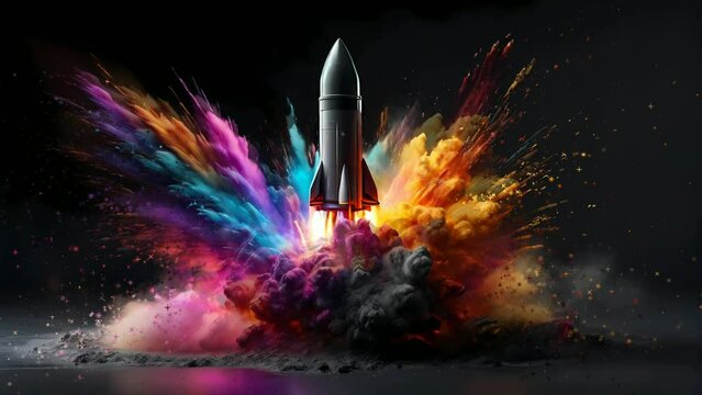 New rocket missile lift off. Space shuttle with smoke and blast takes off into space