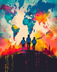 Illustration of a silhouette of young people heading to a city with a world map in the background. Concept of emigration. Poster International Youth Day