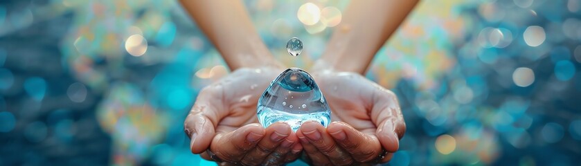 Hands holding a water droplet against a blurred world map background, symbolizing global water awareness