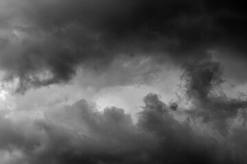 Dramatic stormy sky background. Dark green fluffy cloudy sky. Cloudscape background concept.