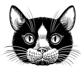 Black cat head. Hand drawn retro styled black and white illustration