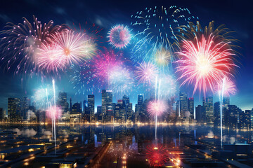 Generative ai on theme festive brightly fireworks on twilight background high in dark sky