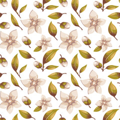 Seamless pattern of white flowers and leaves. Textile design.