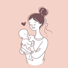 Minimalistic illustration of Mother and child, Mother day postcard