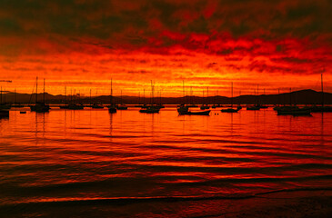 Por do Sol Vermelho Santo Antônio de Lisboa Florianópolis Brasil Vista Cênica Horizonte Costeiro...