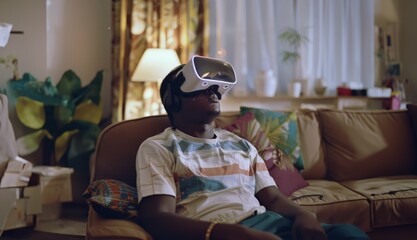 A man immersed in a virtual reality world, escaping the confines of his living room through the power of technology.Generated image