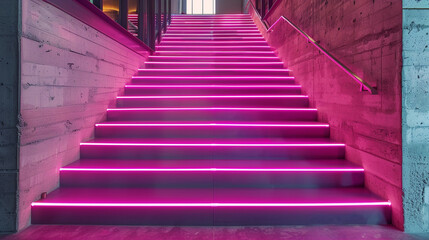  Vibrant pink neon lights outlining each step of a straight staircase in a trendy urban loft, creating a dynamic visual effect