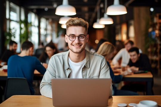 Generative AI photo of smiling person working as a tutor from cafe distance lesson